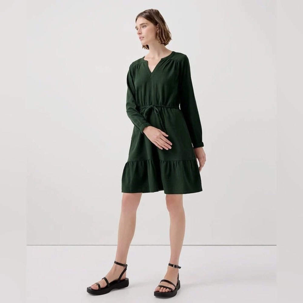 Pact Dark Green Long Sleeve Tiered V-Neck Dress